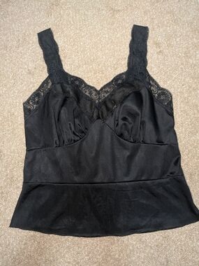 Vintage Charmode Sears Black Lace-Trim Satin Cami Top